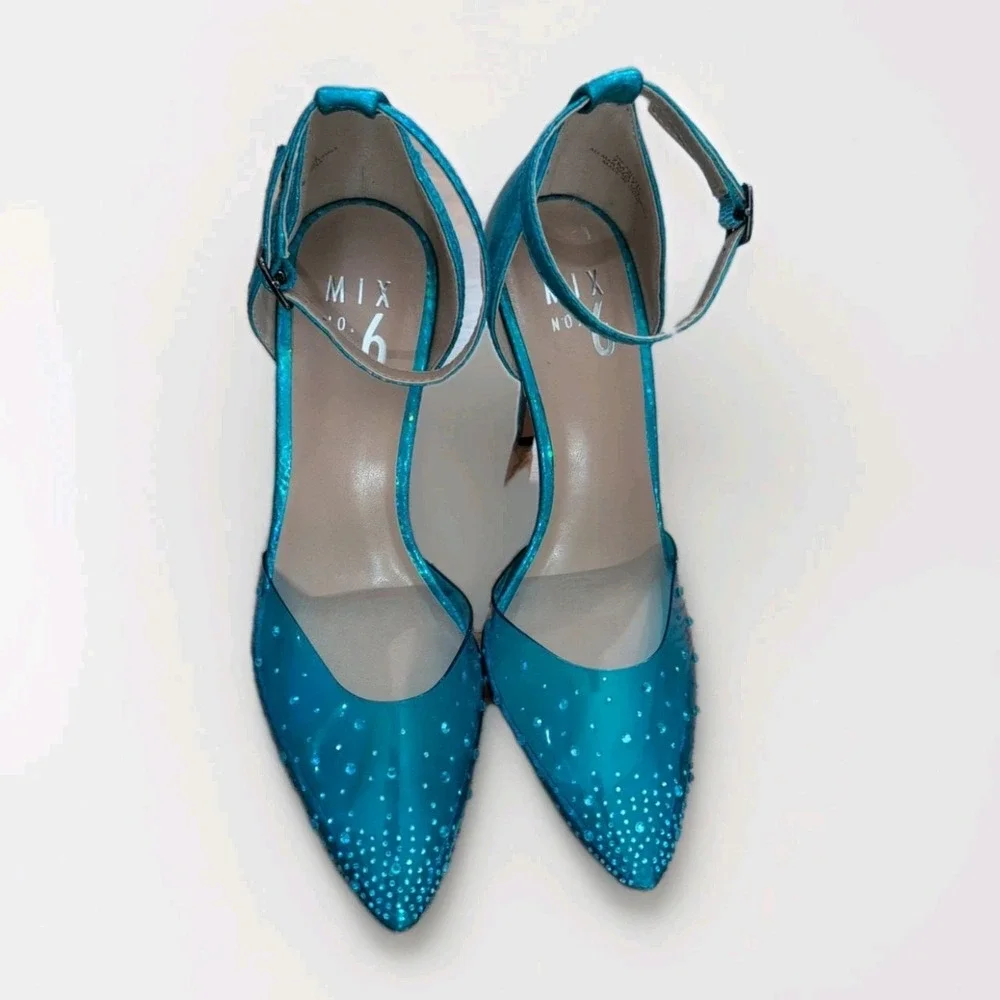 Mix No 6 Arlette Blue & Rhinestone Sparkling Shimmer Ankle Wrap Stiletto Heel 7M